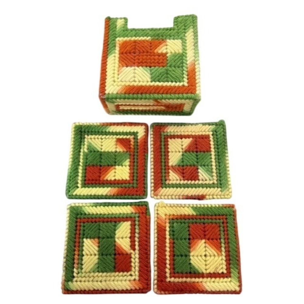 Vintage Handmade Plastic Canvas Coaster Set with Holder Orange Green Geometric - Picture 2 of 3